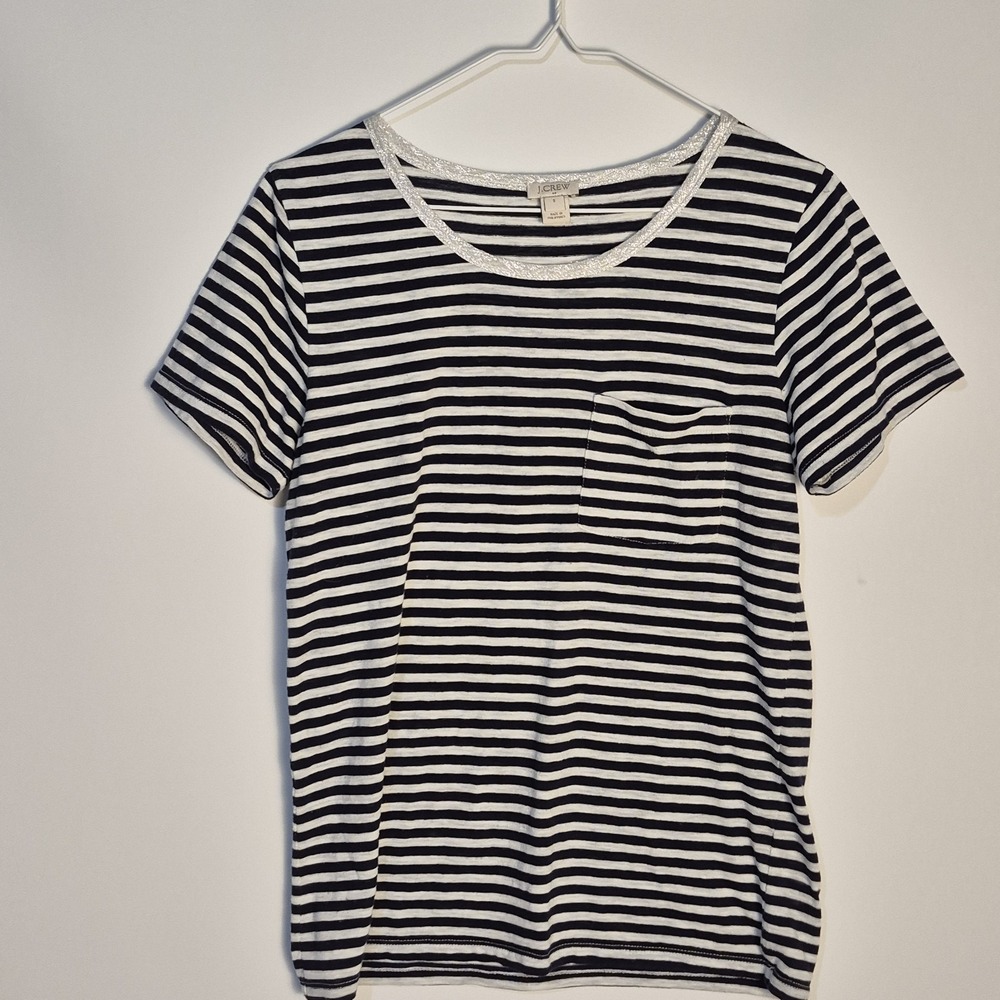 J CREW S Navy White  Striped Metallic Trim Pocket Tee Soft Jersey Classic Fit